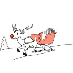 A clipart-style illustration of a reindeer with a shiny nose, pulling a sleigh filled with presents across a winter wonderland