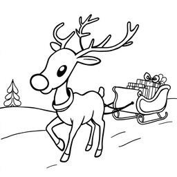 A clipart-style illustration of a reindeer with a shiny nose, pulling a sleigh filled with presents across a winter wonderland