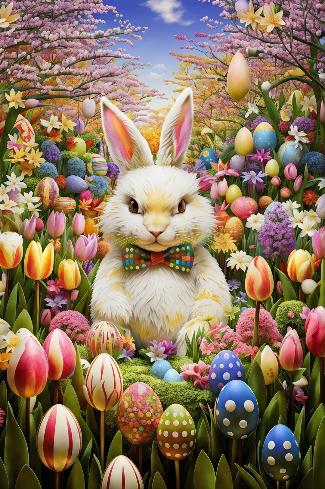 A digital art depiction of a lop-eared Easter bunny with a polka dot bow tie in a blooming botanical garden