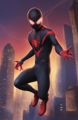 A high-definition digital art poster featuring Miles Morales, the Spiderman from the Marvel Universe, set against a moonlit cityscape of New York