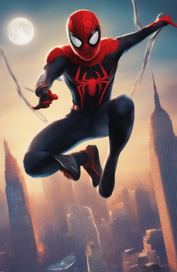 A high-definition digital art poster featuring Miles Morales, the Spiderman from the Marvel Universe, set against a moonlit cityscape of New York