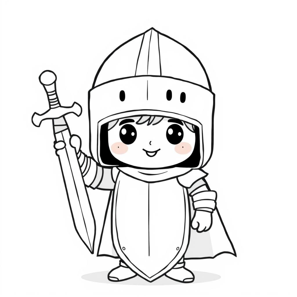 A cutie-style illustration of a medieval knight without his sword, designed for a children's coloring book