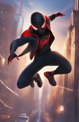 A high-definition digital art poster featuring Miles Morales, the Spiderman from the Marvel Universe, set against a moonlit cityscape of New York