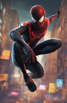 A high-definition digital art poster featuring Miles Morales, the Spiderman from the Marvel Universe, set against a moonlit cityscape of New York