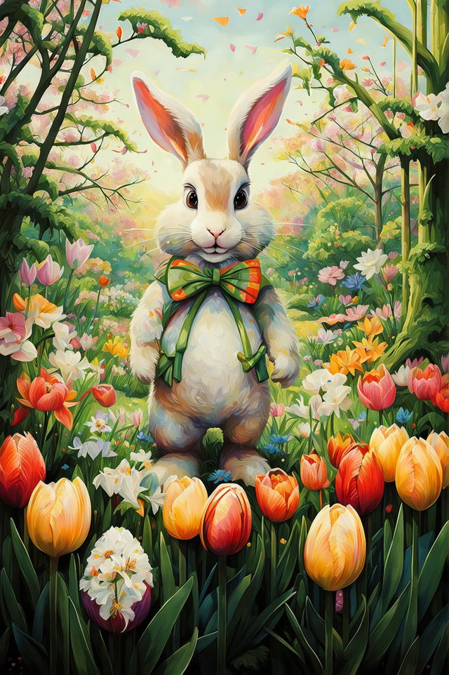 A digital painting of an adorable lop-eared Easter bunny with a polka dot bow tie amidst a spring botanical garden bathed in soft morning light