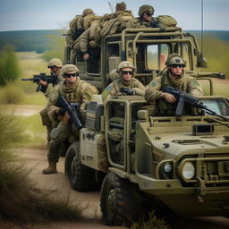 5 combatants in military fatigue, armed with assault rifles, missile launcher and radio in a rugged terrain vehicle