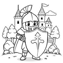 A cute-style illustration of a medieval knight holding a shield, designed for a children's coloring book