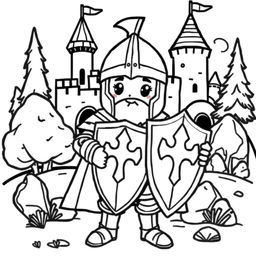 A cute-style illustration of a medieval knight holding a shield, designed for a children's coloring book