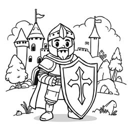 A cute-style illustration of a medieval knight holding a shield, designed for a children's coloring book