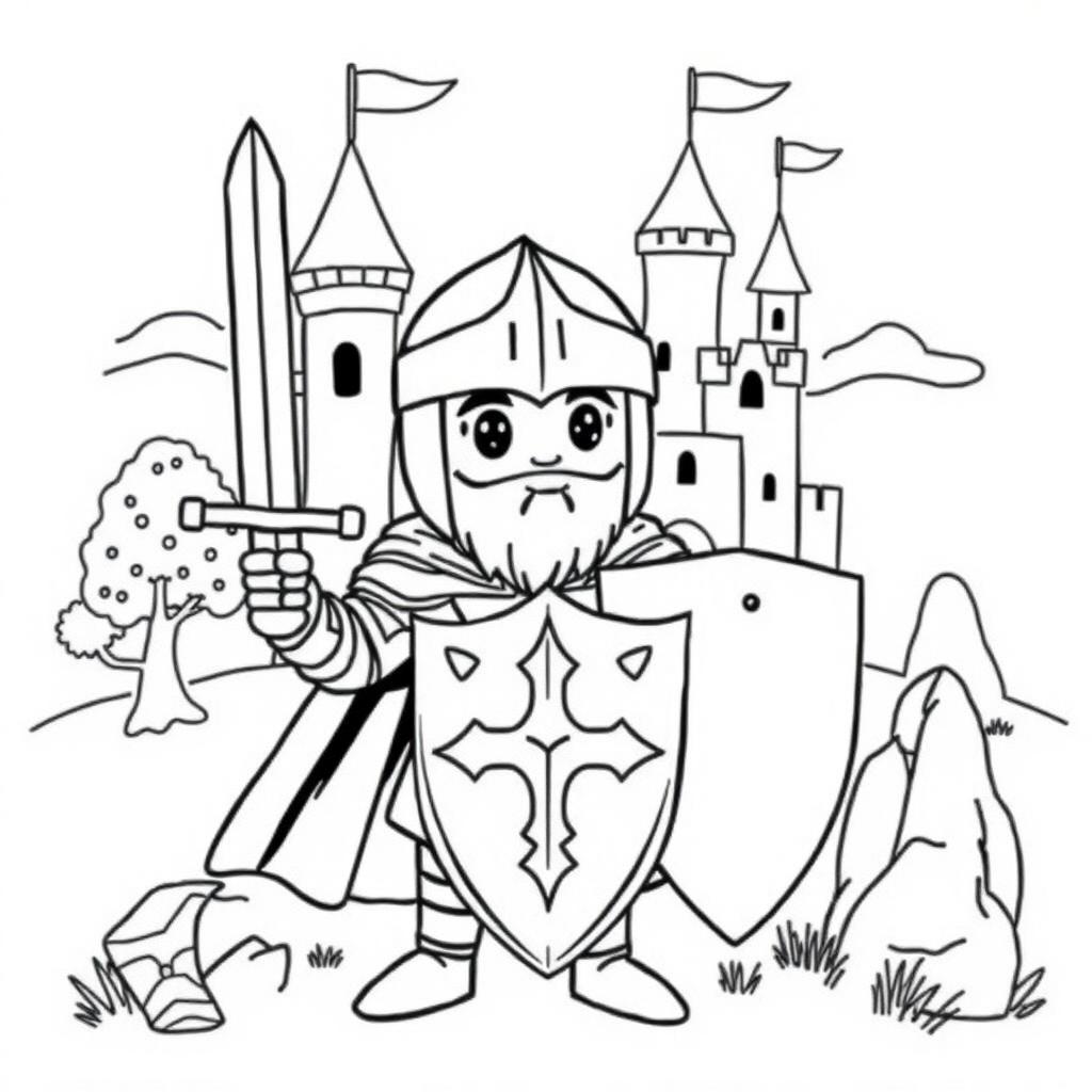 A cute-style illustration of a medieval knight holding a sword and shield, designed for a children's coloring book