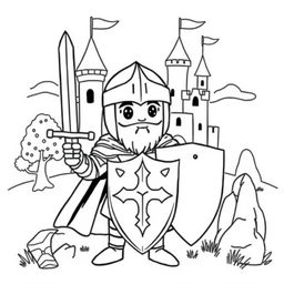 A cute-style illustration of a medieval knight holding a sword and shield, designed for a children's coloring book