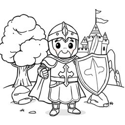 A cute-style illustration of a medieval knight holding a sword and shield, designed for a children's coloring book