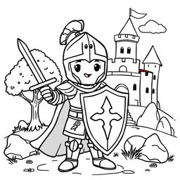 A cute-style illustration of a medieval knight holding a sword and shield, designed for a children's coloring book