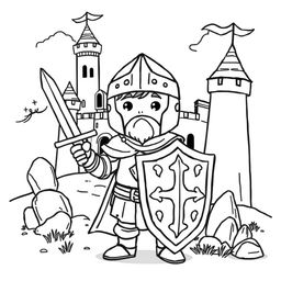 A cute-style illustration of a medieval knight holding a sword and shield, designed for a children's coloring book