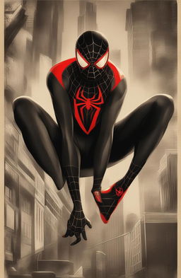 A high-definition vintage-style poster featuring Miles Morales, the Spiderman from the Marvel Universe