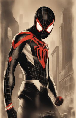 A high-definition vintage-style poster featuring Miles Morales, the Spiderman from the Marvel Universe