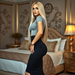 A striking side view of an Arab woman in her 40s, showcasing her fit body and long straight blonde hair
