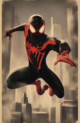 A high-definition vintage-style poster featuring Miles Morales, the Spiderman from the Marvel Universe