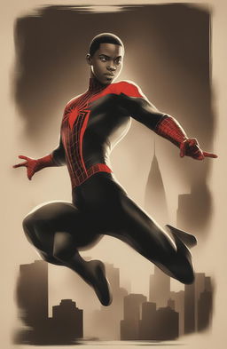 A high-definition vintage-style poster featuring Miles Morales, the Spiderman from the Marvel Universe