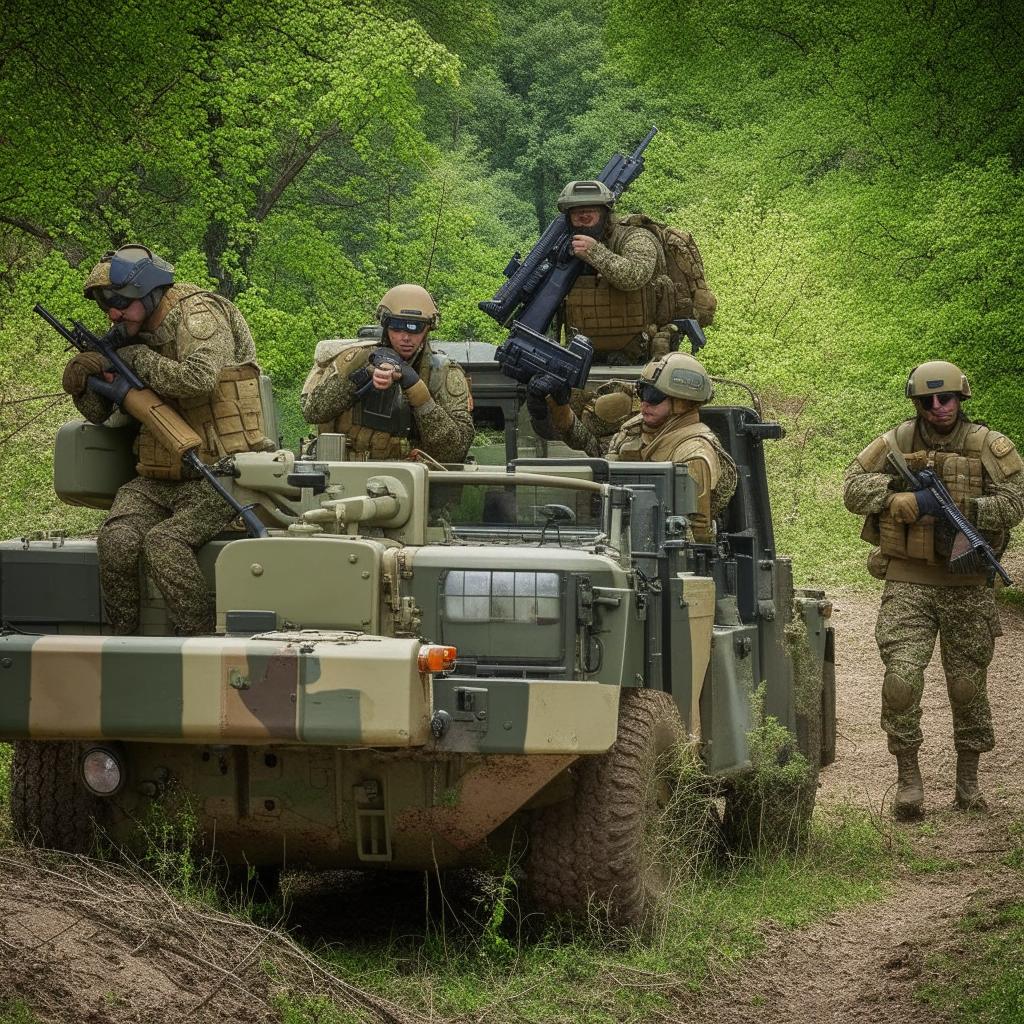 5 combatants in military fatigue, armed with assault rifles, missile launcher and radio in a rugged terrain vehicle