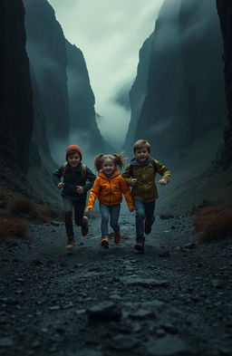 Two boys and one girl energetically running together down a dark, ominous valley