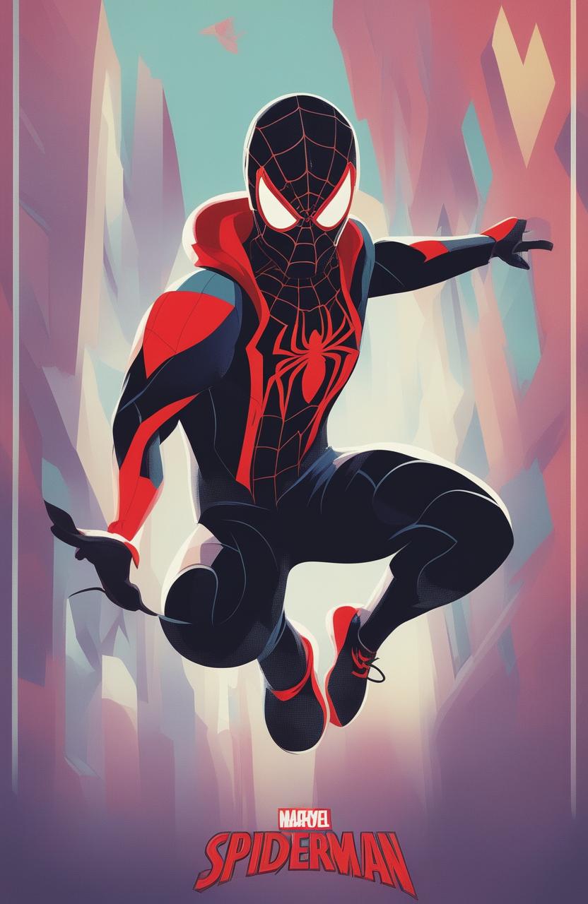 A high-definition poster of Miles Morales, the Spiderman from the Marvel Universe, rendered in a retro pastel style