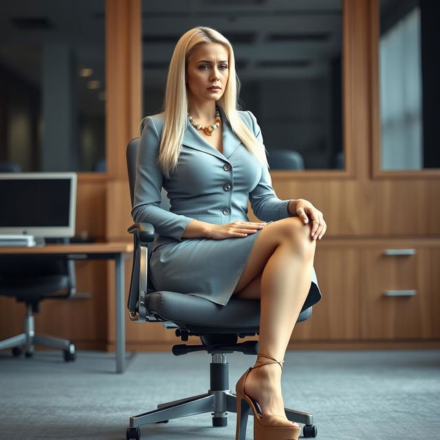 A poignant image of an Arab woman in her 50s, embodying a fit body and long straight blonde hair