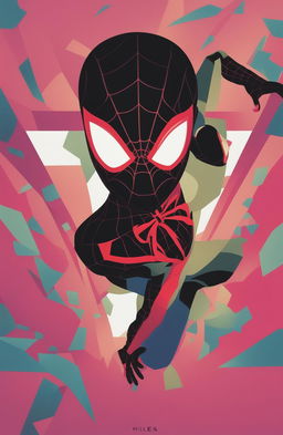 A high-definition poster of Miles Morales, the Spiderman from the Marvel Universe, rendered in a retro pastel style