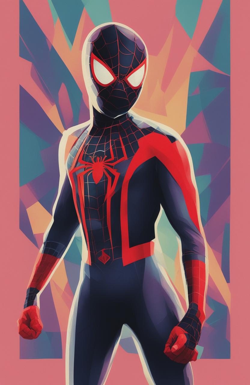 A high-definition poster of Miles Morales, the Spiderman from the Marvel Universe, rendered in a retro pastel style