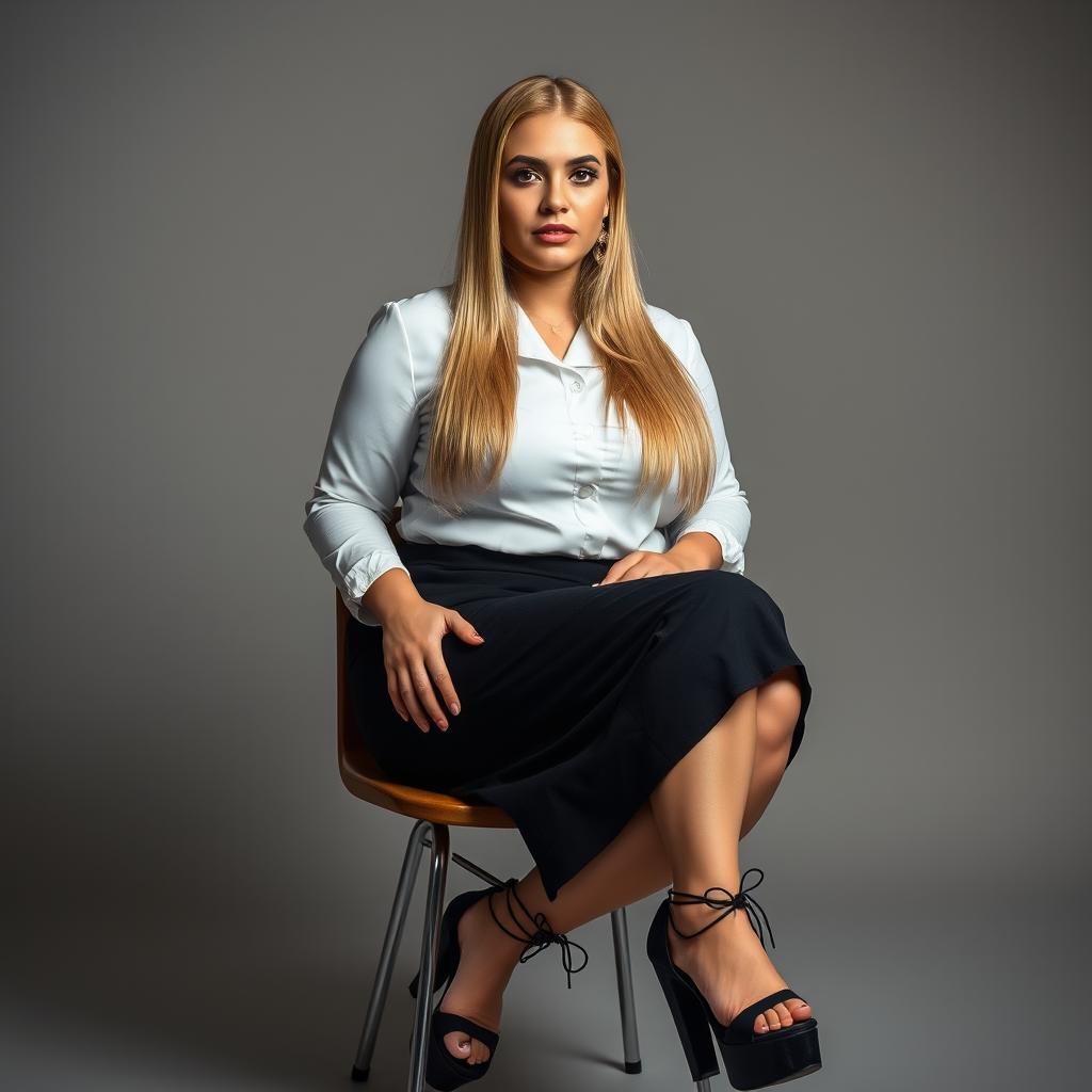 A captivating image of a 25-year-old Arab woman with a thick body, sitting gracefully on a chair