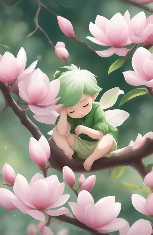 This high-quality digital art depicts a serene scene of a tiny green wood sprite sleeping peacefully in a large, blooming pink magnolia blossom