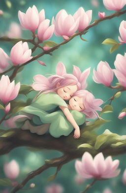 This high-quality digital art depicts a serene scene of a tiny green wood sprite sleeping peacefully in a large, blooming pink magnolia blossom