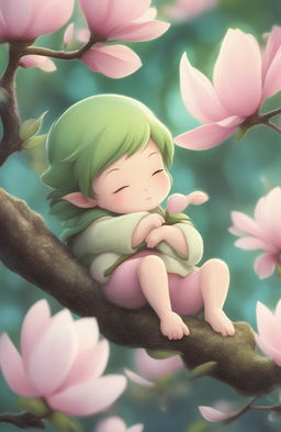 This high-quality digital art depicts a serene scene of a tiny green wood sprite sleeping peacefully in a large, blooming pink magnolia blossom