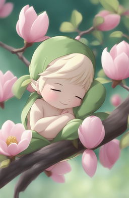 This high-quality digital art depicts a serene scene of a tiny green wood sprite sleeping peacefully in a large, blooming pink magnolia blossom