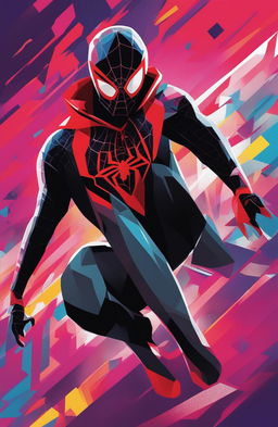 An abstract, high-definition poster of Miles Morales, the Spiderman from the Marvel Universe