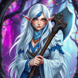 A captivating Half-Elf sorceress with a youthful appearance of 17 years, showcasing fair skin and striking two-toned eyes, one blue and one yellow