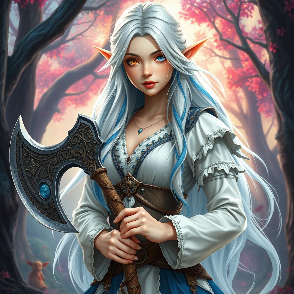 A captivating Half-Elf sorceress with a youthful appearance of 17 years, showcasing fair skin and striking two-toned eyes, one blue and one yellow