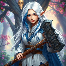 A captivating Half-Elf sorceress with a youthful appearance of 17 years, showcasing fair skin and striking two-toned eyes, one blue and one yellow