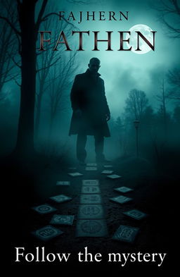 An intriguing and suspenseful book cover design, featuring a mysterious silhouette of a father figure in the background, surrounded by a foggy forest at dusk