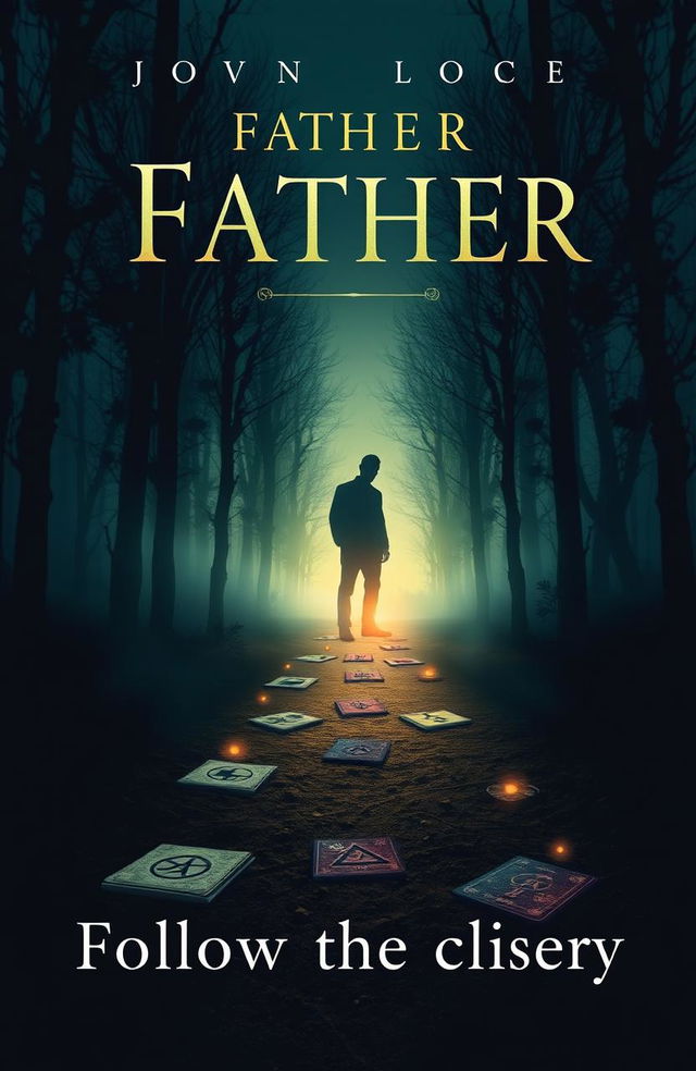 An intriguing and suspenseful book cover design, featuring a mysterious silhouette of a father figure in the background, surrounded by a foggy forest at dusk