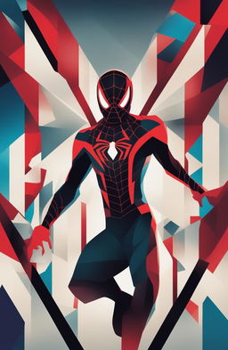 An abstract, high-definition poster featuring a close-up of Miles Morales, the Spiderman from the Marvel Universe