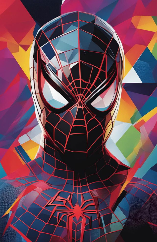 An abstract, high-definition poster featuring a close-up of Miles Morales, the Spiderman from the Marvel Universe