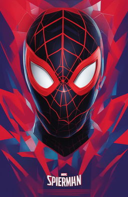 An abstract, high-definition poster featuring a close-up of Miles Morales, the Spiderman from the Marvel Universe