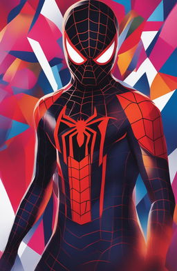 An abstract, high-definition poster featuring a close-up of Miles Morales, the Spiderman from the Marvel Universe