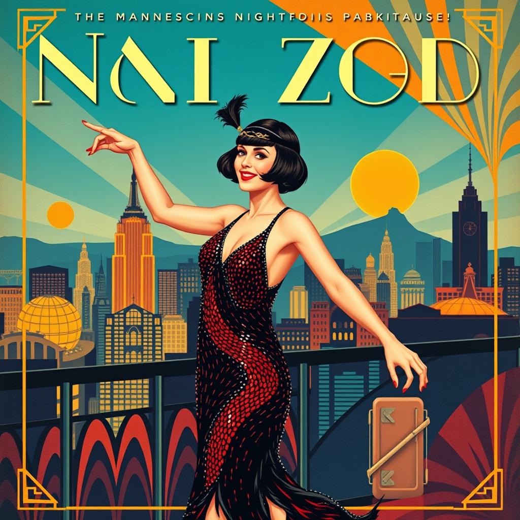 A vibrant and artistic 1920s magazine cover featuring a glamorous flapper girl dressed in a stylish, sequined dress dancing joyfully