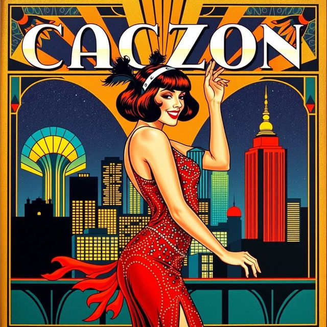 A vibrant and artistic 1920s magazine cover featuring a glamorous flapper girl dressed in a stylish, sequined dress dancing joyfully