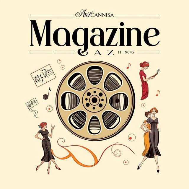 A stylish 1920s magazine cover featuring a large film reel prominently placed in the center