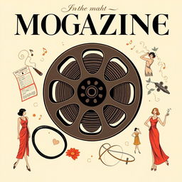 A stylish 1920s magazine cover featuring a large film reel prominently placed in the center