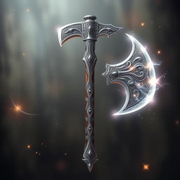 A grand Western-style double-bladed axe, intricately designed with ornate engravings and a polished finish