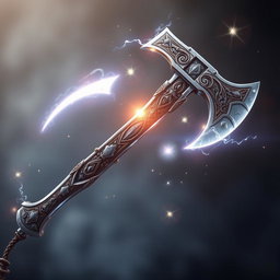 A grand Western-style double-bladed axe, intricately designed with ornate engravings and a polished finish